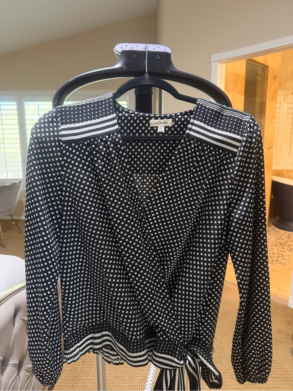 Max Studio Black and White Polka Dot Wrap Blouse